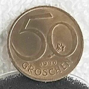 Circulated 1980 Austria 50 Groschen Republik O'Sterreich made of Alum/Bronze!!